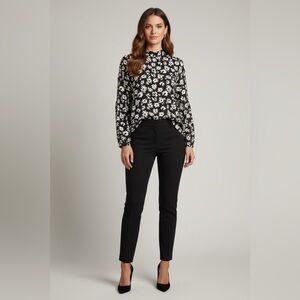 Kaari Blue Black & White Floral Long Sleeve Blouse Size L